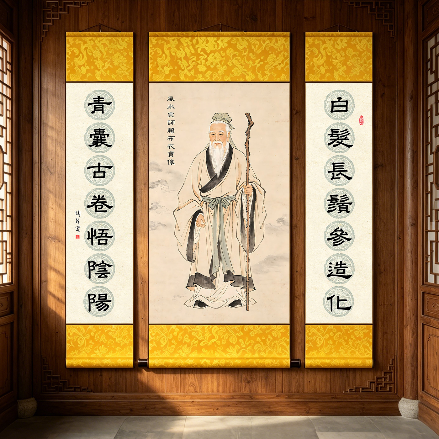 赖布衣画像挂画风水祖师宗师赖布衣三联卷轴画书房工作室装饰画