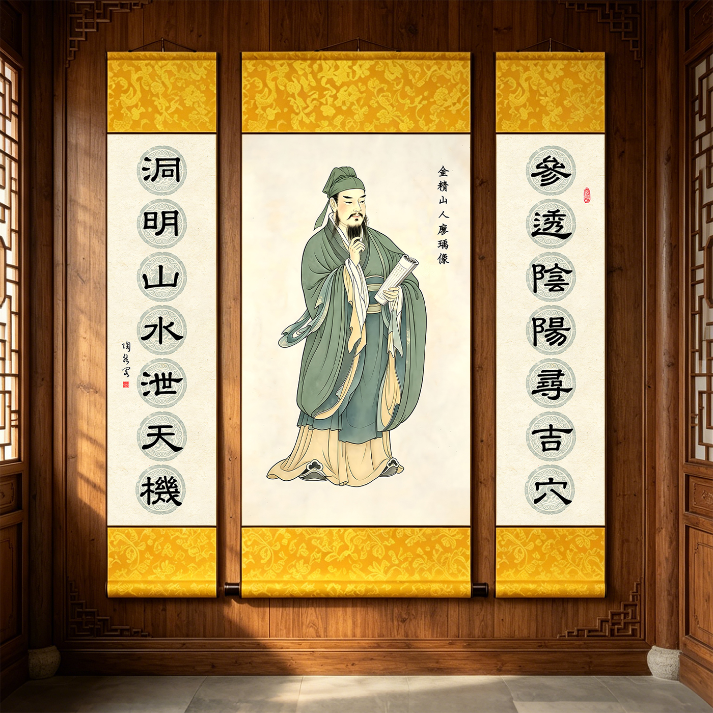 金精山人廖瑀画像中堂挂画三僚风水廖氏开山祖师廖金精丝绸卷轴画