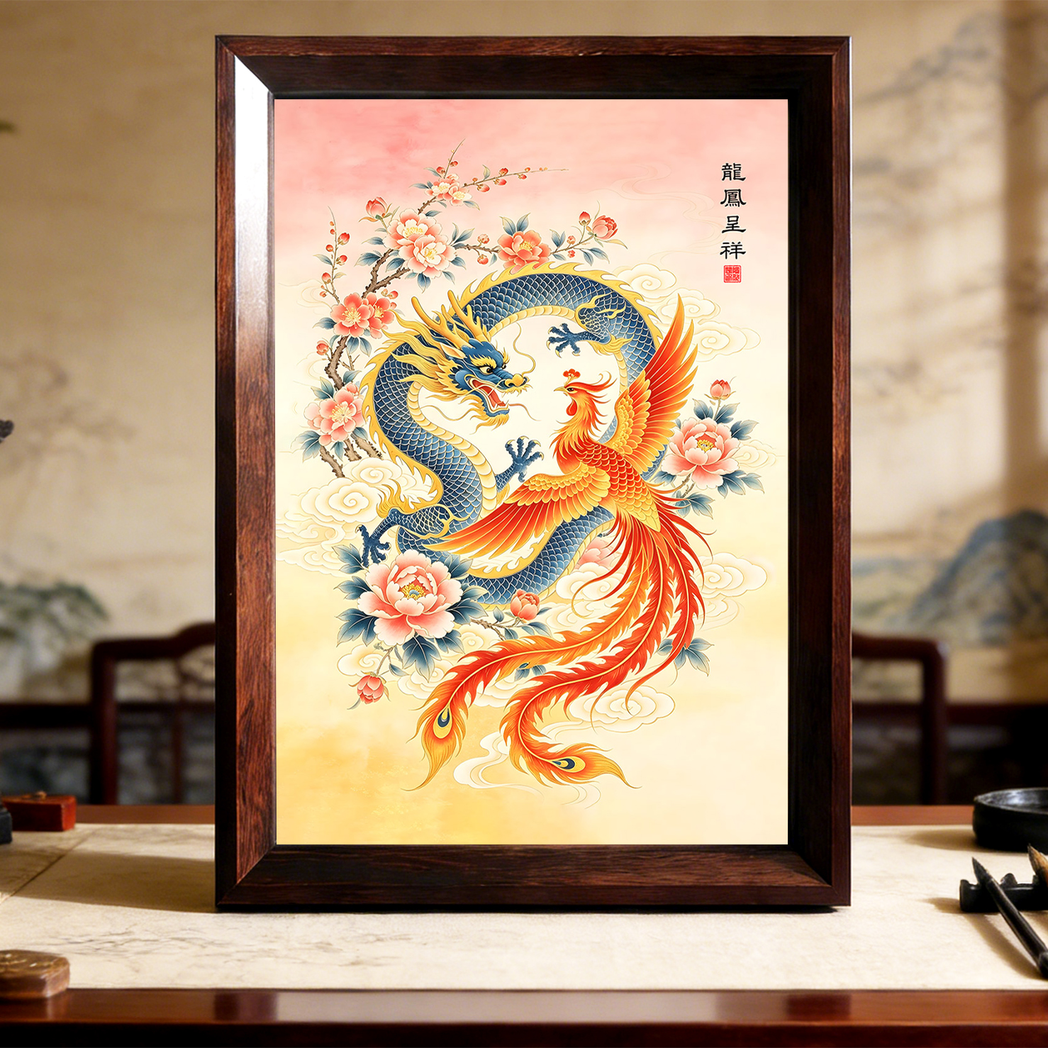 龙凤呈祥相框摆台婚房床头画框摆件挂画龙凤和鸣喜庆结婚装饰画