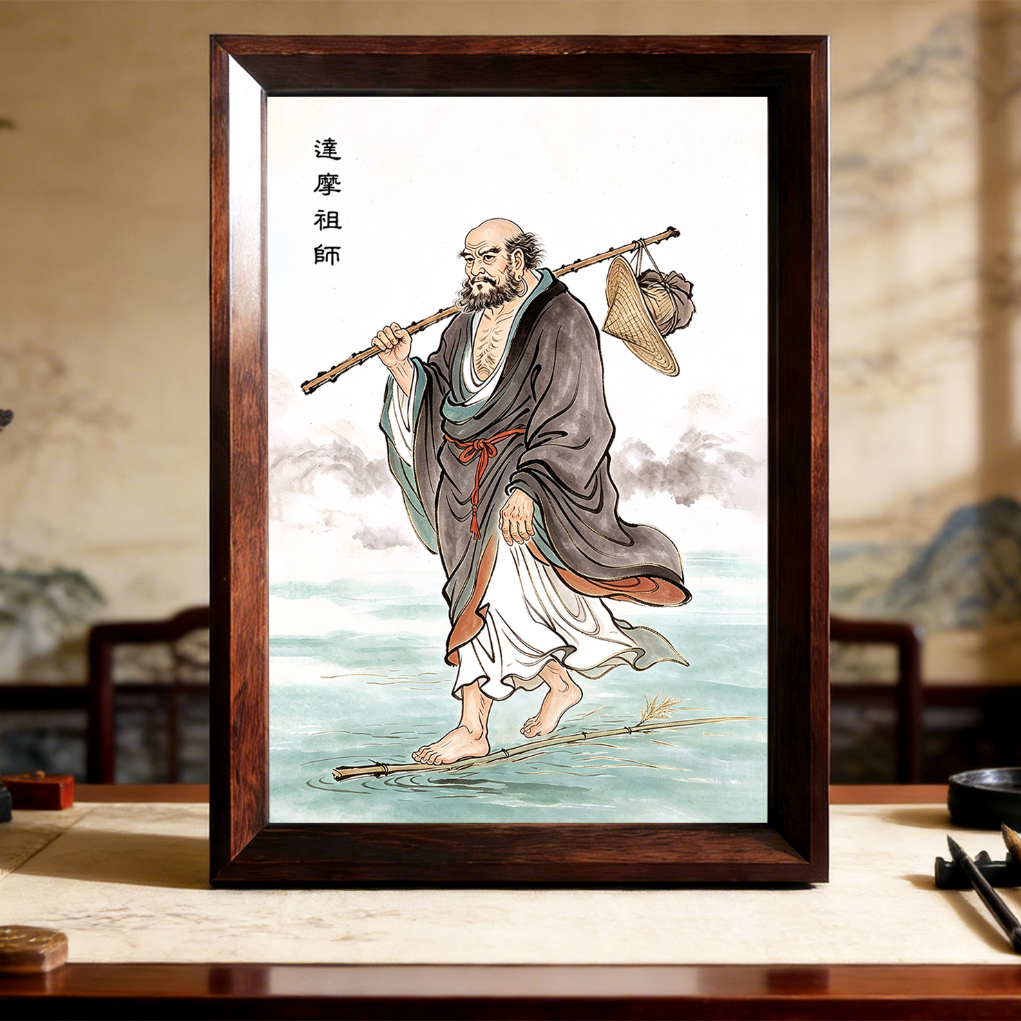 达摩祖师画像达摩祖师像画框摆件相框达摩祖师一苇渡江图摆台挂画