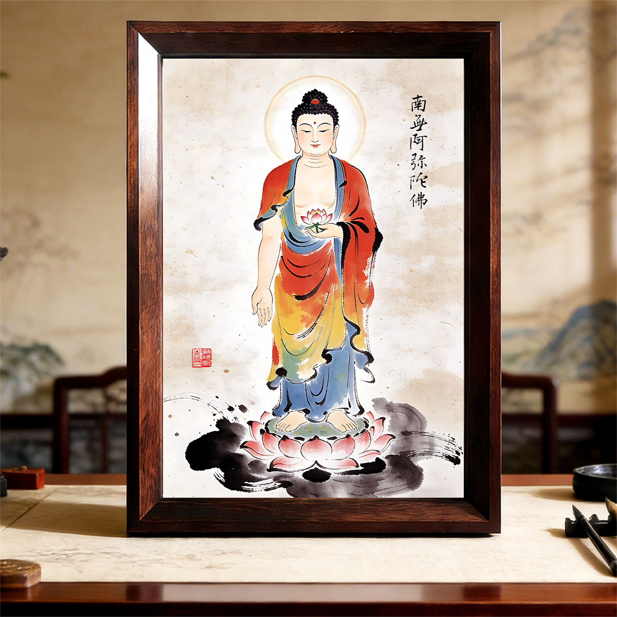 南无阿弥陀佛佛像挂画阿弥陀佛画像阿弥陀佛像神像卷轴画相框摆台